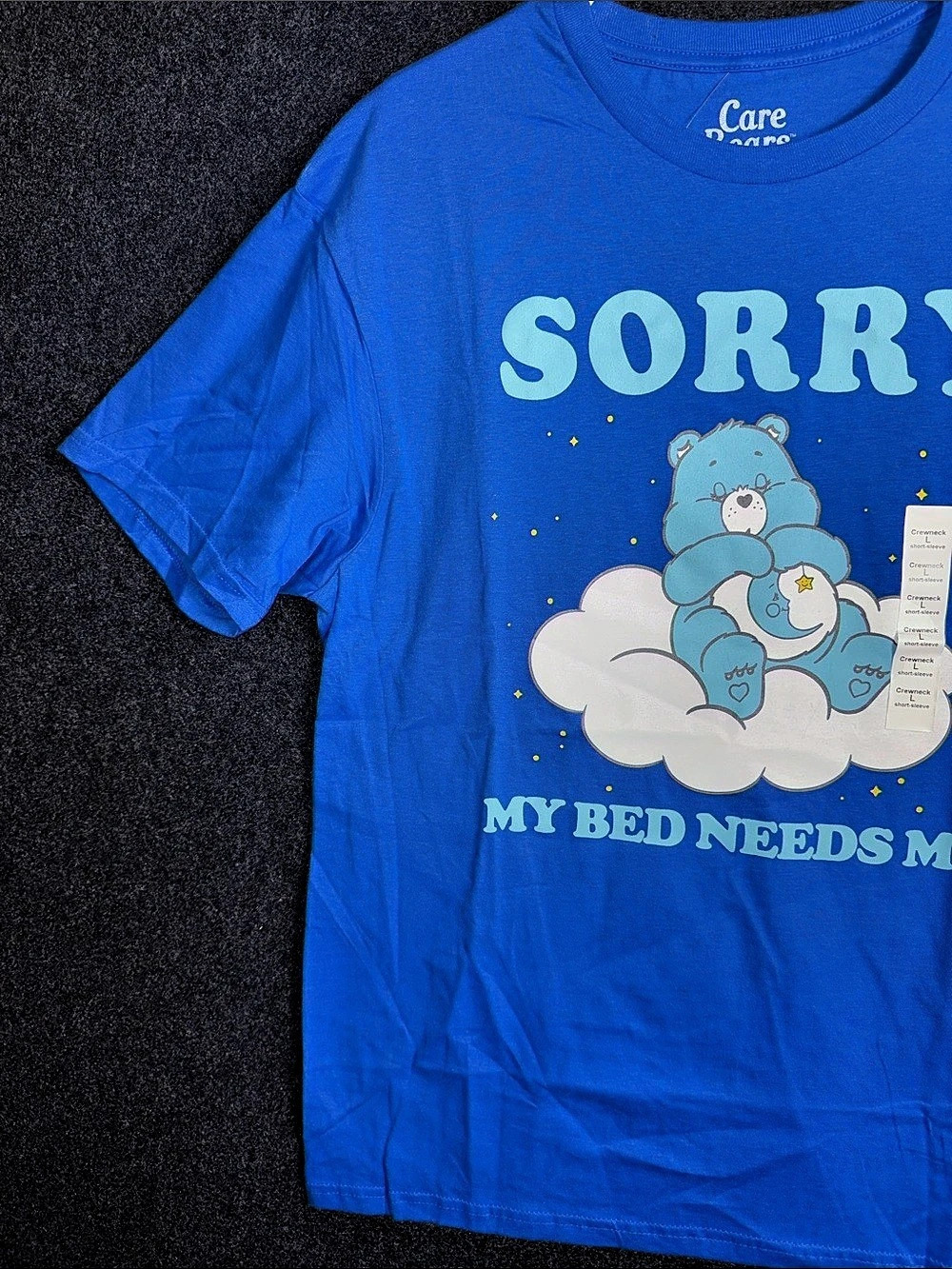 Care Bears Bedtime Bear Sorry My Bed Needs Me T-Shirt Tee Large Blue & White - Picture 5 of 6